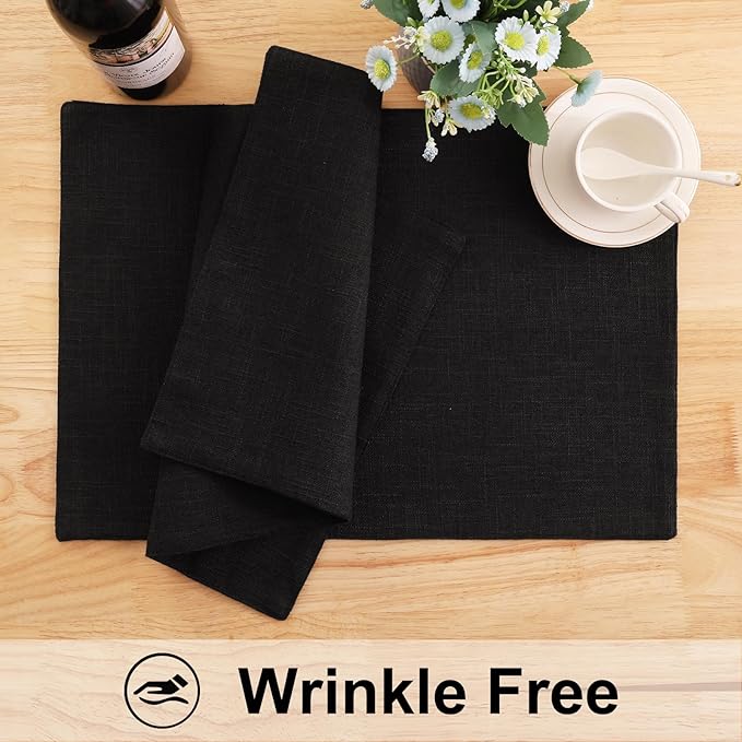 homing Cotton Linen Placemats Set of 8, Cloth Washable Farmhouse Dining Table Mats for Indoors & Outdoors, Easy to Clean, Black, 13 x 19 Inch