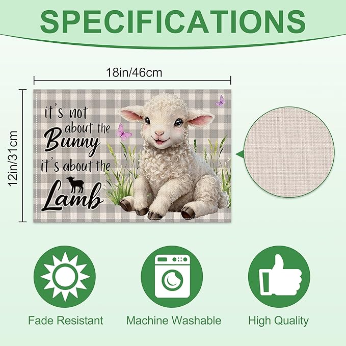 Easter Placemats Set of 4 12x18 inches, It's Not About the Bunny It's About the Lamb Easter Decor for Table, Party, Home - Farmhouse Spring Buffalo Plaid Lamb Table Mat Decroations