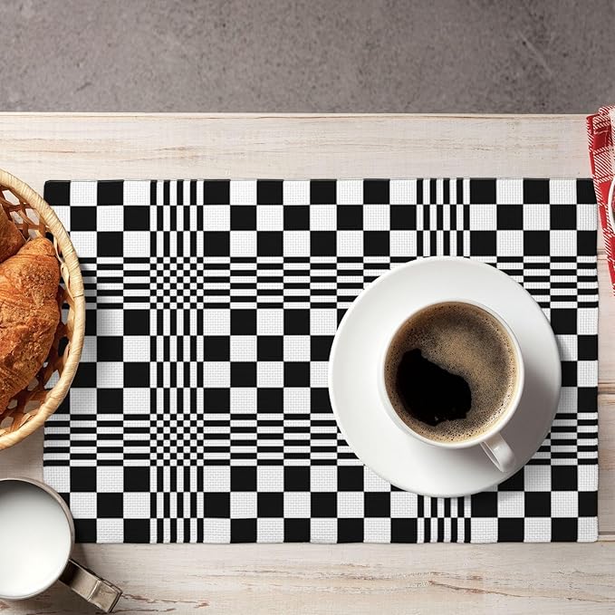 Modern Checkered Linen Placemats Set of 4, Retro Black & White Geometric Patterned Place Mats for Dining Table, Kitchen, Party, 12 x 18 Inch Non-Slip Heat Resistant White Black Table Mats, Home Decor