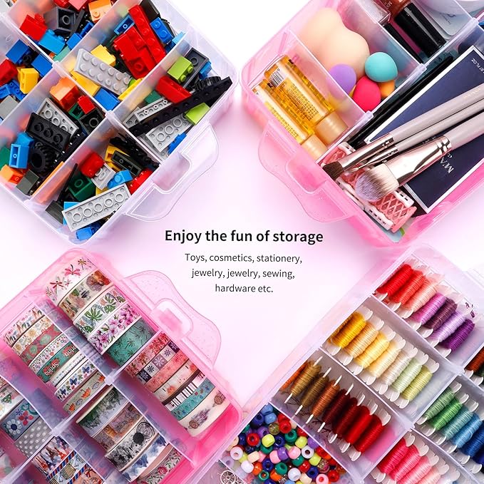 SGHUO Bead Organizers and Storage 3-Tier Pink Craft Container Stackable Box with Dividers for Art Supplies, Washi Tapes, Seed, Hair Accessories, Nail, 9.5X6.5X7.2in