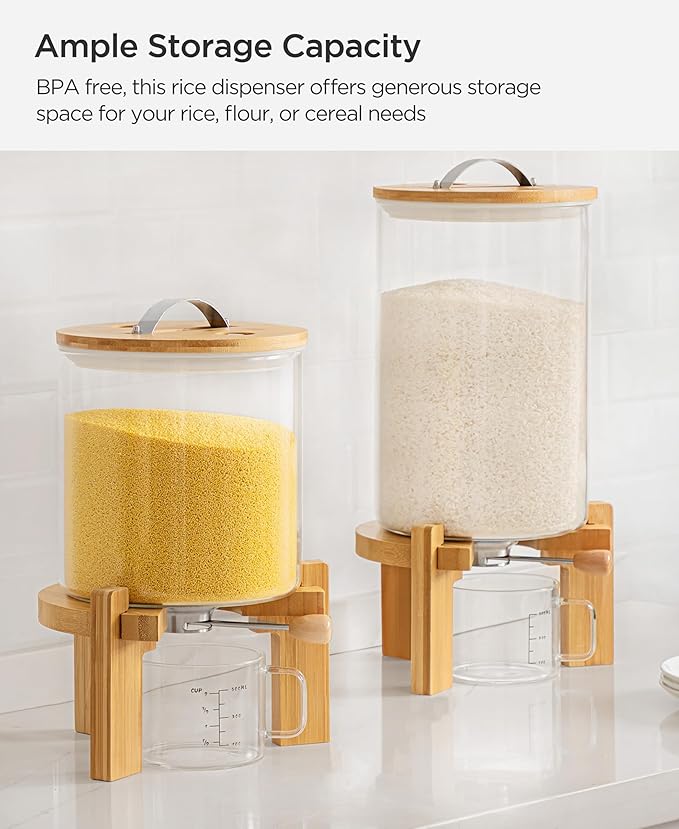 8-10 Lbs Glass Rice Dispenser with Wooden Stand Flour and Cereal Container with Glass Measuring Cup Pantry Food Organization Storage Bin with Airtight Bamboo Lid, 5L