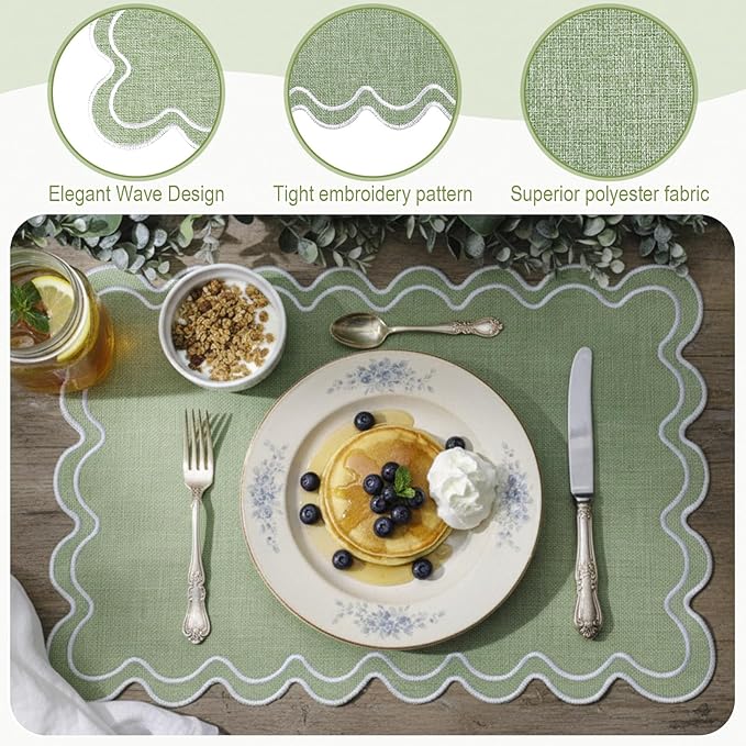 Set of 4 Cotton Linen Placemats, 13x19 Inch Scalloped Wavy Embroidery Placemat Double Layered Washable Rustic Rectangle Dinner Table Mats for Kitchen Wedding Home Party Decor(Sage Green)