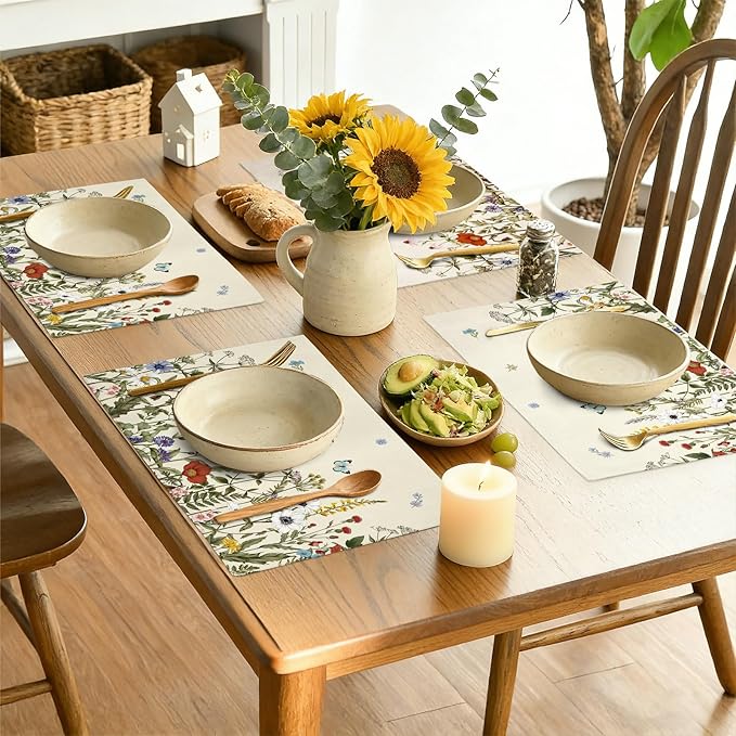 comfoyar Spring Wildflower Placemats Set of 4, 12x18 Inch Non-Slip Linen Antique Herbs and Wild Flowers Place Mats, Washable Absorbent Table Mats for Kitchen Dining Party Table Decoration