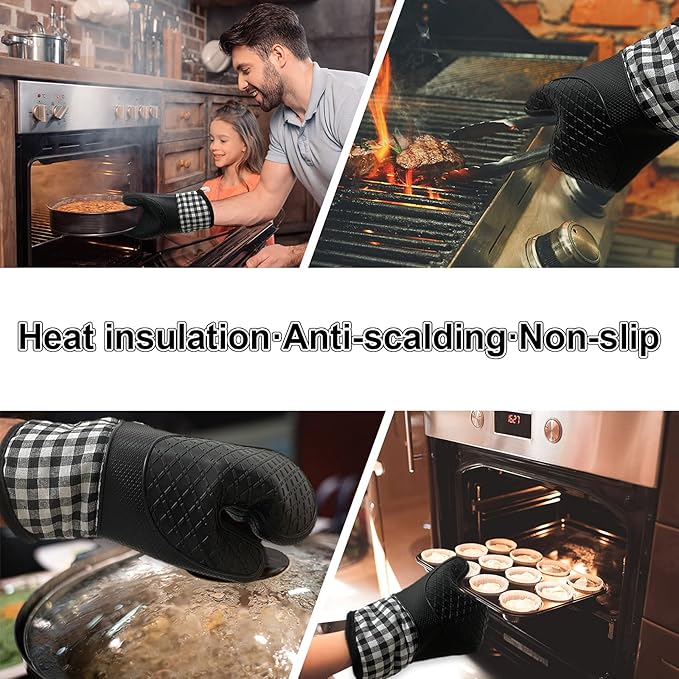 4pcs Set Oven Gloves and Pot Holder Set, Heat-Resistant 500 Degree, with Oven Gloves and Insulation Clips, Non-Slip Food-Grade Long, for Kitchen Baking