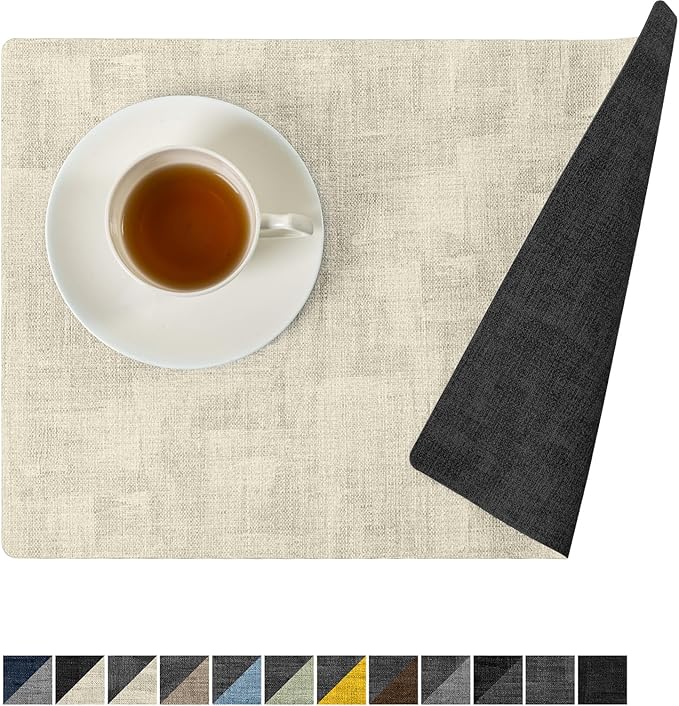 Romanstile Vinyl Placemats Set of 6-12x17 Inch, Reversible Waterproof Washable Non Slip Table Mats, Faux Leather Heat Resistant Wipeable Table Placemats for Dining/Party/Indoor/Outdoor, Grey-Beige