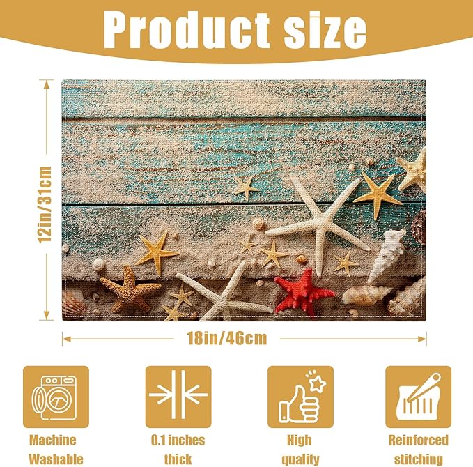 Beach Starfish Placemats Set of 6, Nautical Seashell Linen Place Mat Washable Stain Resistant Table Mats for Farmhouse Kitchen Dining Party Wedding Decor 12x18 Inch
