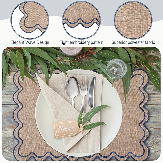 HunnmingRe Set of 6 Cotton Linen Placemats, 13x19 Inch Scalloped Wavy Embroidery Placemat Double Layered Washable Rustic Rectangle Dinner Table Mats for Wedding Home Decor(Linen with Blue)