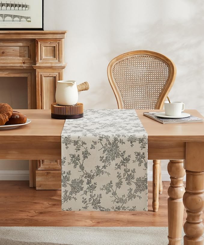 100% Cotton French Pastoral Table Runners, 13x90 Inch Black Farmhouse Table Runners 90 Inches Long, Vintage Flowers Print Home Decors