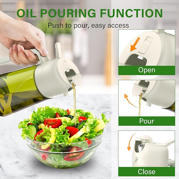 Vakoo Oil Sprayer for Cooking, 2 in 1 Oil Dispenser for Kitchen, 16oz/470ml Light-Blocking Dark Glass Olive Oil Spray Bottle, Air Fryer, Salad & BBQ (Green&White)