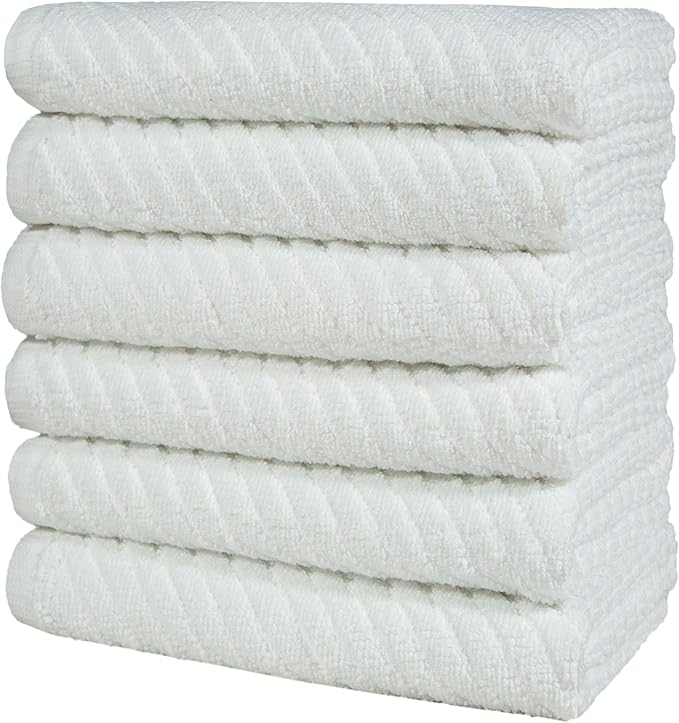 Premium Kitchen Towels (16”x 25”, 6 Pack) | Large Cotton Kitchen Hand Towels | Dish Towels | Diagonal Weave Design | 445 GSM Highly Absorbent Tea Towels Set with Hanging Loop | White