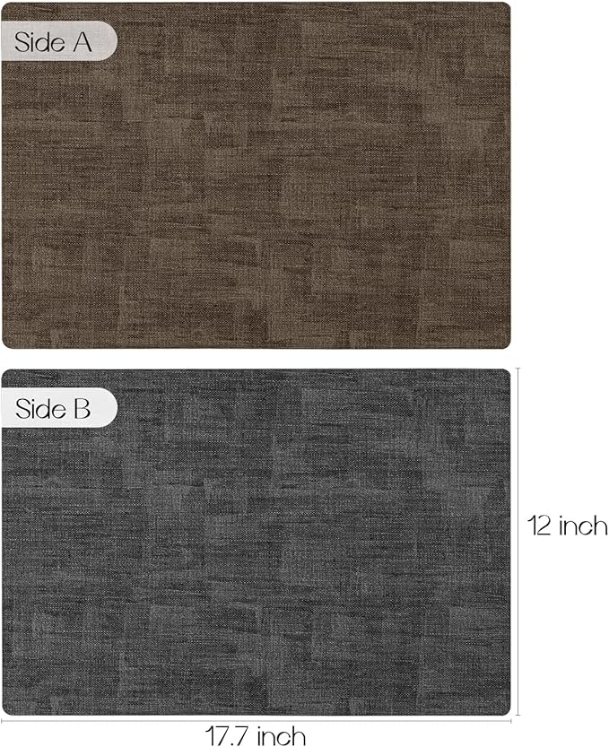 Romanstile Vinyl Placemats Set of 4-12x17 Inch, Reversible Waterproof Washable Non Slip Table Mats, Faux Leather Heat Resistant Wipeable Table Placemats for Dining/Party/Indoor/Outdoor, Grey-Brown