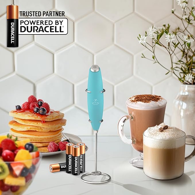 Zulay Kitchen Powerful Milk Frother Wand With 4 AA Duracell Batteries - Ultra Fast Handheld Drink Mixer - Electric Whisk Foam Maker for Coffee, Lattes, Cappuccino, Matcha & Creamer - Aqua