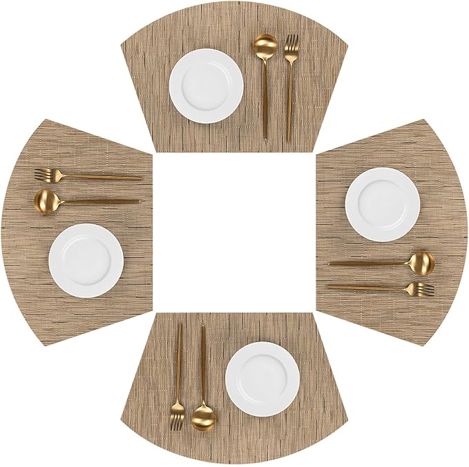 SHACOS Wedge Shape Placemats Set of 4 Woven Vinyl Placemat for Round Table Curved Place Mats Wipe Clean Kitchen Dining Table Mats (4, Tan)