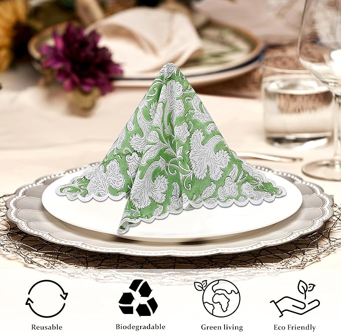 Ridhi Hand Block Print Sage Green 18" x 18" (Set of 4) Embroidery Table Napkins Reusable Cotton Dinner Napkins for Weddings, Parties, Everyday Dining Gift for Spring, Easter, Valentine