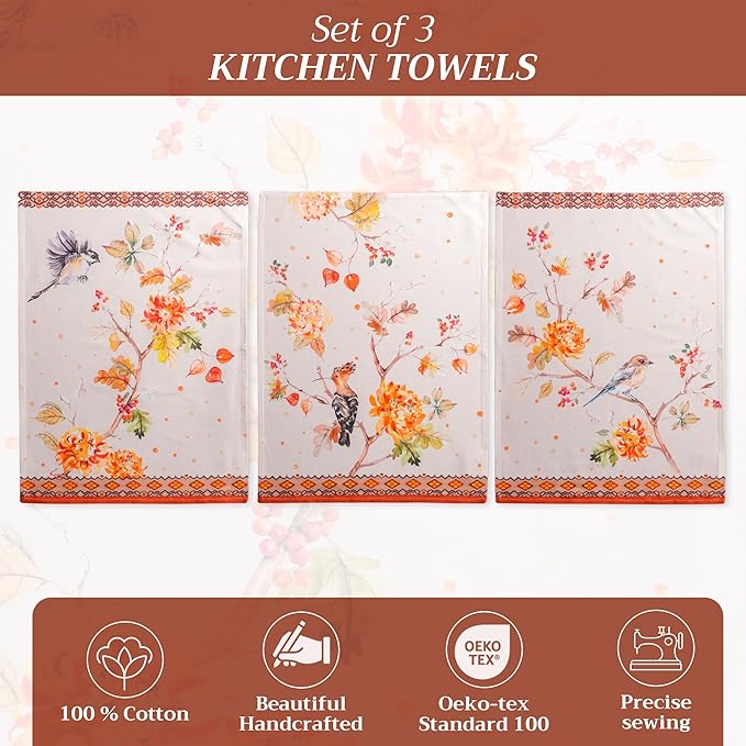 Maison d' Hermine Kitchen Towels Set of 3 100% Cotton 20" x 27.5" Reusable Cloth Tea Dish Towels Absorbent with Hanging Loop for Kitchen Dining Thanksgiving Christmas Decorations (Kelim - Prairie)