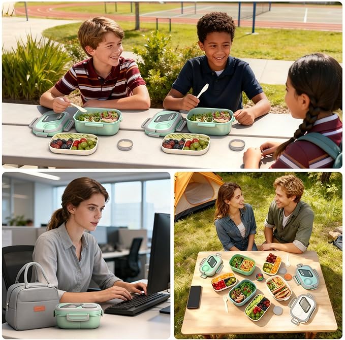 PEDECO Bento Box Set with Lunch Bag, Lunch Containers for Women&Men&Kids. Leakproof 3-Compartment and 2-Tier Stackable Container with Portable Sauce Pod, Microwave/Dishwasher Safe, BPA-Free (Green)