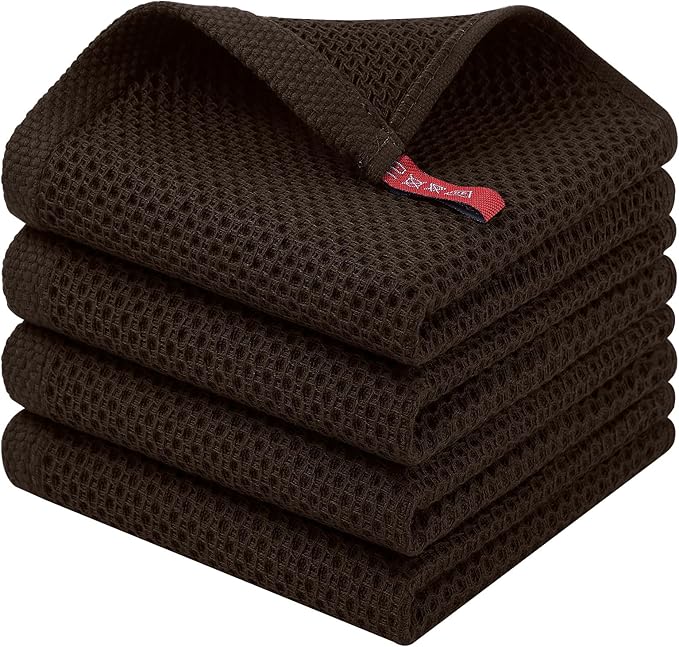 Homaxy 100% Cotton Waffle Weave Kitchen Dish Cloths, 4-Pack Ultra Soft Absorbent Dish Towels, Quick Drying Dish Rags, 12 x 12 Inches, Dark Brown