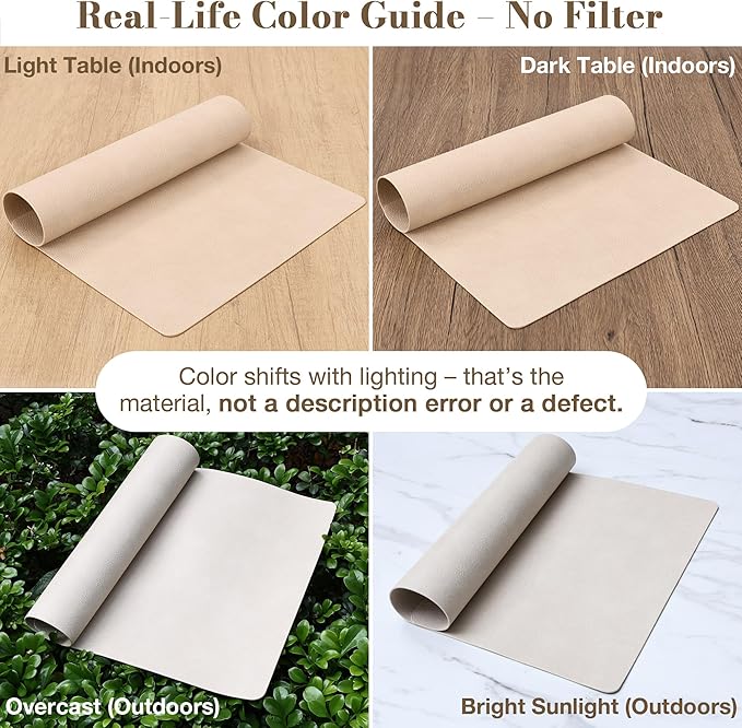 Roxifina Faux Leather Placemats Set of 6 - Vinyl Placemats Wipeable Waterproof Oil-Proof PU Place Mats Heat Resistant Reversible Table Mats for Dining, Kitchen, Outdoor, 12 x 17 Inch (Beige)