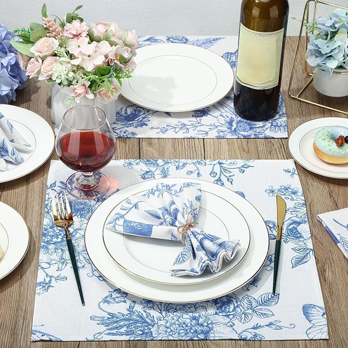 VitalCozy Cloth Napkins-15 x 15 Inch Soft Fabric Napkins Bulk Cloth Washable Reusable Plants Floral Square Napkin Cotton Dinner Towel for Spring Tea Party(Blue White Flower,24 Pcs)
