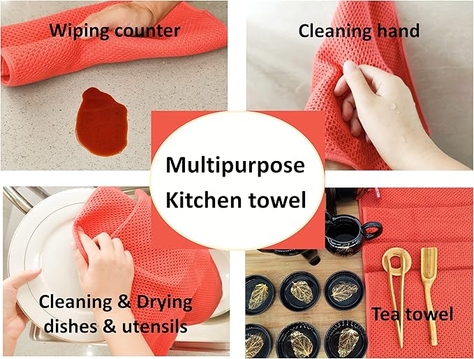 Kitchen Towels 100% Cotton Waffle Weave Dish Towel for Cleaning Drying Dishes Extra Absorbent and Soft, Dish Cloth,13 x 28 in(Reddish Orange-4 Pack)