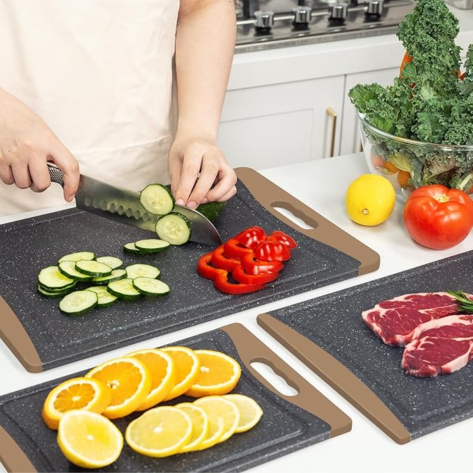 Extra Large Cutting Boards, Plastic Cutting Boards for Kitchen (Set of 3) Cutting Board Set Dishwasher Chopping Board with Juice Grooves Easy-Grip Handles, Brown, Empune