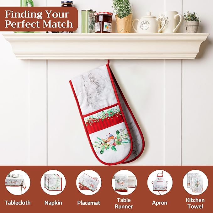Maison d' Hermine Double Oven Mitt (7" x 35") 100% Cotton Heat Resistant BBQ Cooking Gloves with Loop for Thanksgiving Christmas Decorations Baking Cooking Handling Hot Pan (Christmas Tradition)