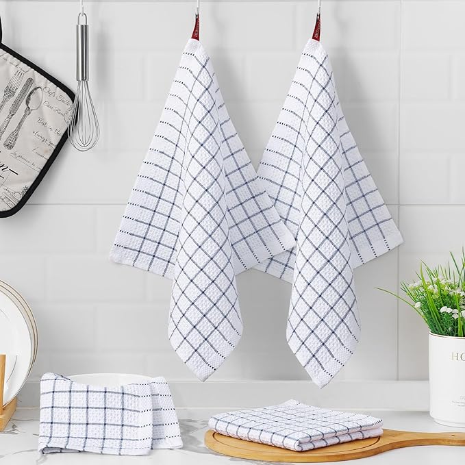 Homaxy 100% Cotton Dish Cloths, 12 Pack-12 X 12 Inches, Check Design Waffle Weave Dish Rags for Washing Dishes, Ultra Absorbent and Fast Drying Dishcloths, Navy Blue