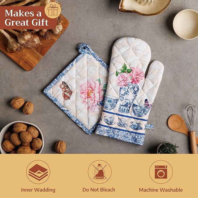Maison d'Hermine Oven Gloves 100% Cotton Oven Mitt 7" x 13" with Loop Heat Resistant BBQ Cooking Gloves Baking Grilling Gifts for Mothers Day Spring/Summer (Pack of 1, Canton)