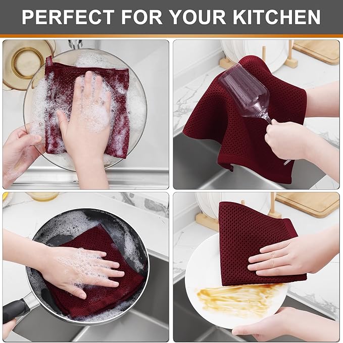 Kitinjoy 100% Cotton Kitchen Dish Cloths (12 X 12 Inches, Burgundy), 6 Pack Waffle Weave Ultra Soft Absorbent Dish Towels for Drying Dishes Quick Drying Kitchen Towels Dish Rags