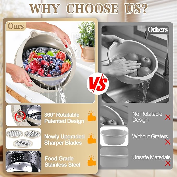4-1 Colander with Bowl Set - Rotatable Colander for Kitchen (Patented), Upgraded Graters Food Strainers for Pasta Fruits and Vegetables, Funny Presents for Women, Aesthetic Kitchen Gadget - Beige