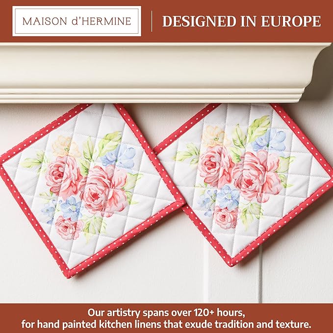 Maison d' Hermine Pot Holders 100% Cotton Heat Resistant Potholders 8" x 8" Hot Pads with Loop BBQ Cooking Baking Gifts for Mothers Day Handling Hot Pans Spring/Summer (Pack of 2, Vintage Floral)