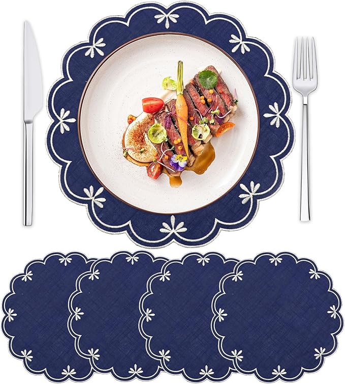 SK Studio Set of 4 Cotton Linen Placemats, 15x15 Round Scalloped Cloth Table Mats, Embroidery Double Layered Washable Dining Placemat for Hotel Restaurant Kitchen, Navy Blue