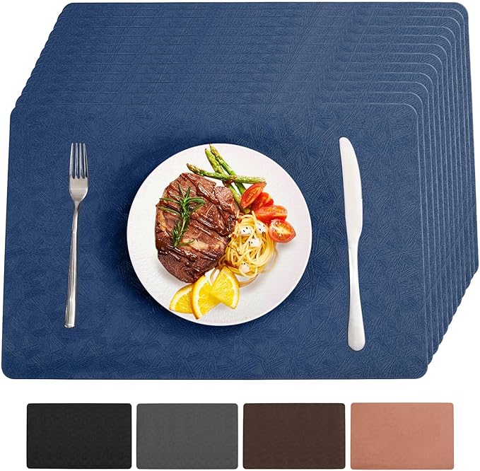 Vinyl Placemats Set of 12 Heat Resistant Easy Clean Non-Slip Place Mats for Dining Table Faux Leather Waterproof Stain Resistant Wipeable Washable PVC Table Mats(12, Blue)