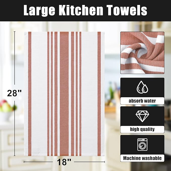 Homaxy Premium Kitchen Towels 18”x 28”, Large Cotton 380 GSM Kitchen Hand Towels, Stripe and Terry Dish Towel, Highly Absorbent Tea Towel Set with Hanging Loop, 6 Pack, Rust