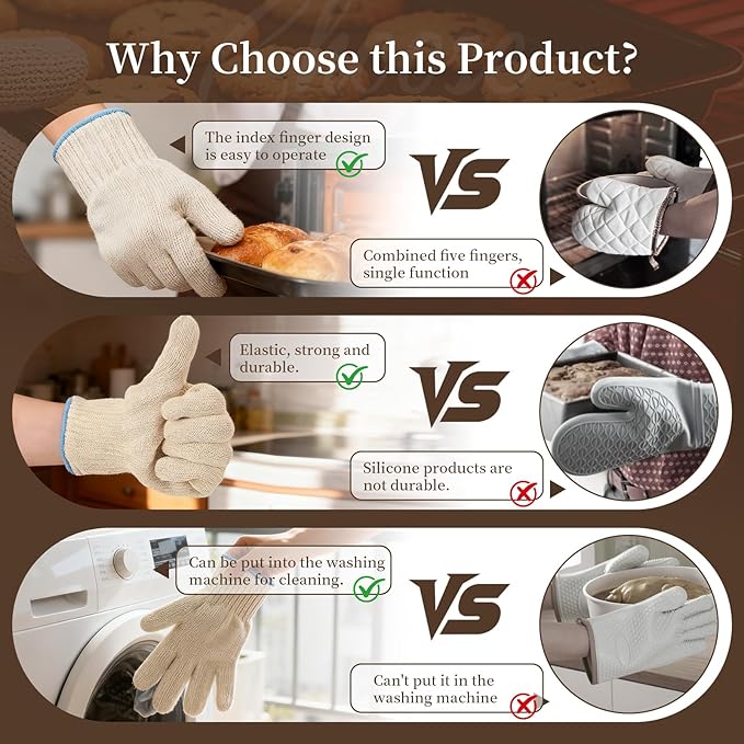 Hovico Heat Resistant Oven Gloves, Ove Glove BBQ Gloves Heat Resistant Cooking Oven Mitts with Fingers Grilling Glove, Full Hand Protection, Grill Gloves for Outdoor Hot Food Handling (Set of 2)