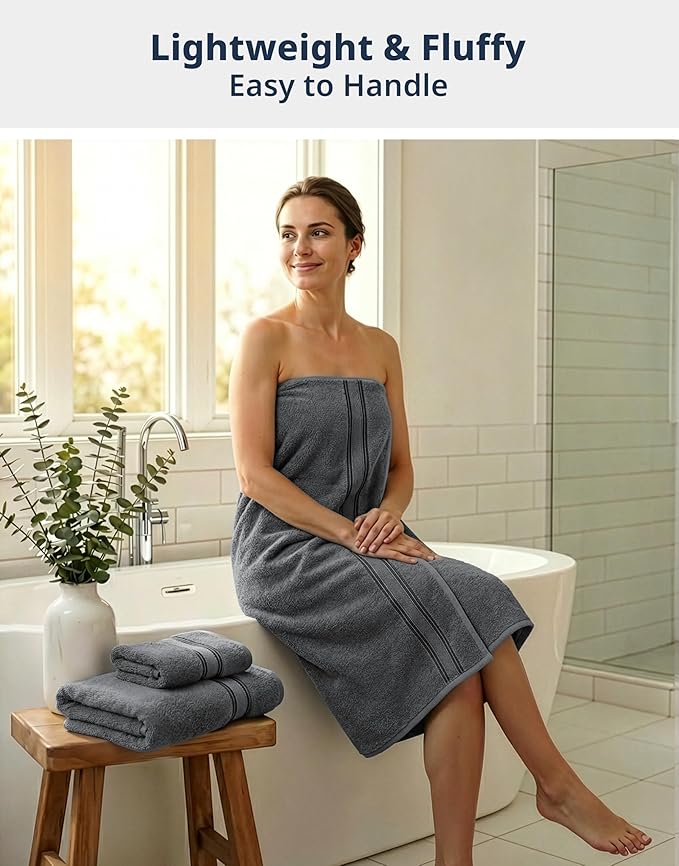 LANE LINEN Luxury Bath Towels Set - 6 Piece, 100% Cotton, Quick Dry, Soft & Absorbent, Zero Twist - 2 Bath Towels, 2 Hand Towels, 2 Washcloths - Cool Grey