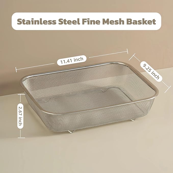 18/8 Stainless Steel Fine Mesh Strainer Basket with Feet, Rectangular Colander for Vegetables, Fruits, Pasta, Noodles – Rustproof, Durable & Easy to Clean (11.02 inch)