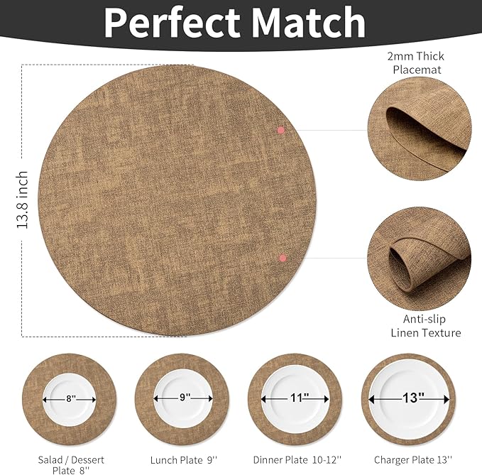 Maxpearl Round Placemats Set of 6, 13.8 inch Faux Leather Heat Resistant Table Mats, Non Slip Waterproof Wipeable Place Mats for Kitchen Dining Holiday Party Table Settings, Brown