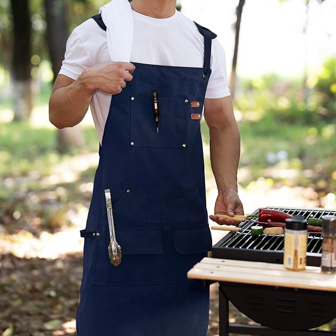Tosewever Work Aprons for Men with Large Pockets, Canvas Cross Back Heavy Duty Adjustable Tool Aprons for Chef Cooking BBQ