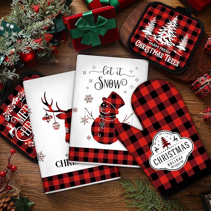 Peryiter 5 Pcs 4th of July Kitchen Towels Pot Holders and Oven Mitt Set Patriotic Retro 2 Dish Towels 2 Square Potholders 1 Heat Resistant Glove for Cooking Baking Gifting Home (Red and Black Plaid)