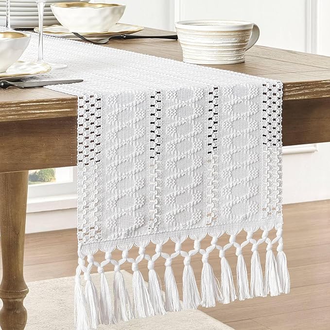 ZeeMart Macrame Style Boho Table Runner, White Table Runners 60 Inches Long, Farmhouse Woven Home Decor, 12x60 Inch, White