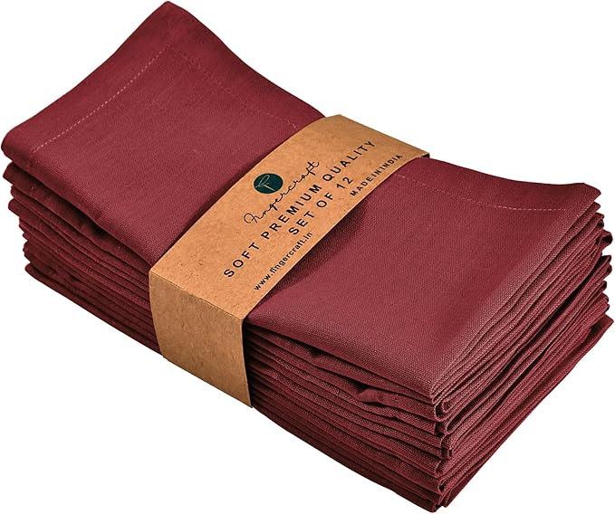 FINGERCRAFT Dinner Cloth Napkins, Cotton Linen Blend Mitered Corner Napkins Cloth 12 Pack Natural Premium Quality for Every Day Use, Parties, Easter, Thanksgiving, Weddings, 18x18 inch Rythmic Red