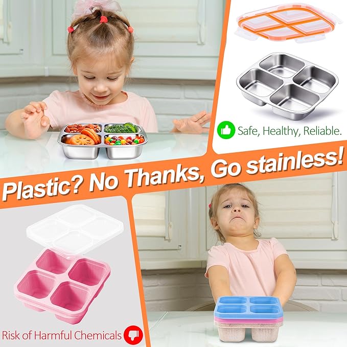 KTKUDY Stainless Steel Snack Container - Divided Bento Snack Box - 4 Compartment Meal Prep Lunch Container for Kids Daycare, School, Work, Travel