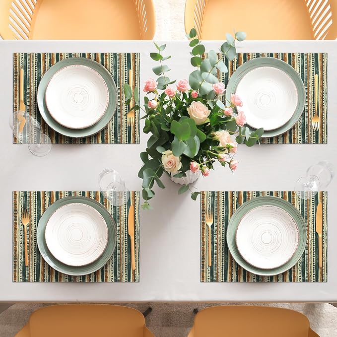 comfoyar Boho Colorful Striped Placemats Set of 4, 12x18 Inch Non-Slip Linen Place Mats, Washable Absorbent Rectangular Table Mats for Indoor Kitchen Dining Party Table Decoration