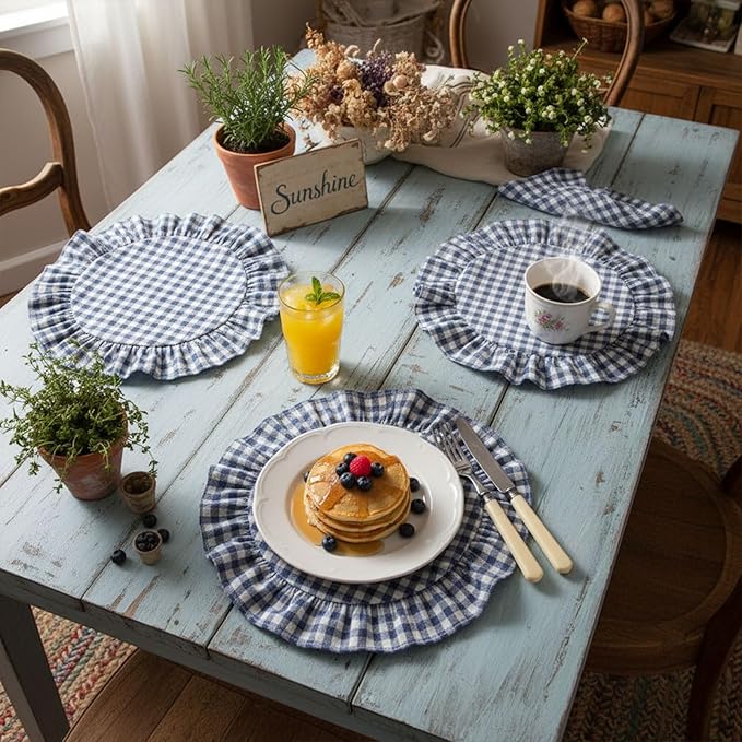 4 Pcs 15 Inch 100% Cotton Scalloped Round Placemats, Thin Light Blue Plaid Place Mats with Ruffle, Washable Placemats Table Mats for Kitchen Dining Holiday Gatherings Decor(Gingham)