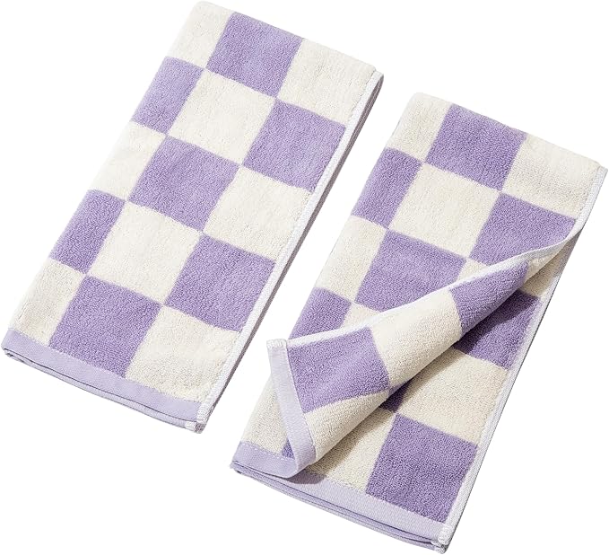 Madi-Cadi 100% Cotton Checkerboard Towels Set of 2, Farmhouse Kitchen & Guest Bathroom Towels, 13 x 29 Inches, Highly Absorbent Lint-Free Dish & Hand Towels with Double-Stitched Hems(Lavender)