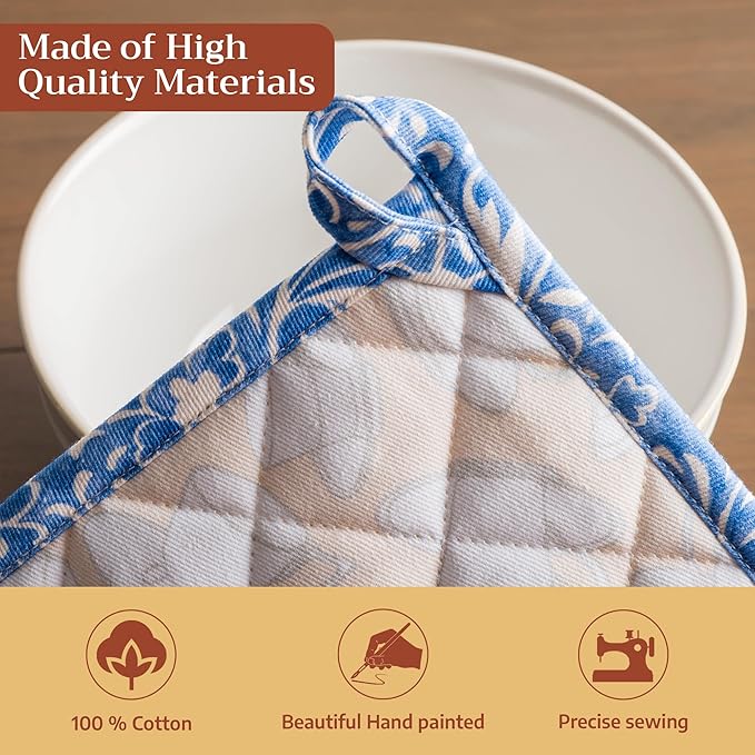Maison d' Hermine Pot Holders 100% Cotton Heat Resistant Potholders 8" x 8" Hot Pads with Loop BBQ Cooking Baking Gifts for Mothers Day Handling Hot Pans Spring/Summer (Pack of 1, Canton)
