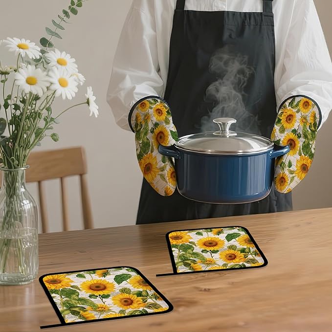 Vintage Sunflower Oven Mitts and Pot Holders,Heat Resistant Oven Mitts Gloves and Pot Holder for Home Kitchen Decorations Cooking Baking BBQ Gifts,Set of 4