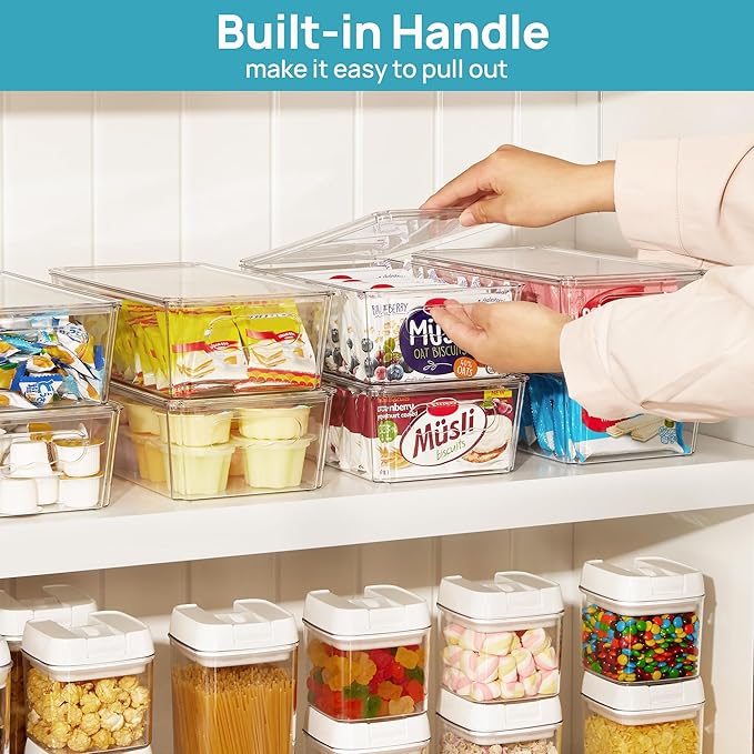 Vtopmart 2pcs Clear Organizers and Storage Bins with Lids, Stackable Plastic Storage Containers with Handles for Fridge, Freezer, Pantry, Cabinet, Kitchen Organization