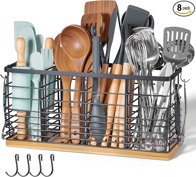 Nigelia 4 Compartments Extra Large Kitchen Utensil Holder with Wooden Base, Metal Organizer for Kitchen Countertop, Matte Black Cooking Utensils Holder with 4 Hooks for Tools Storage